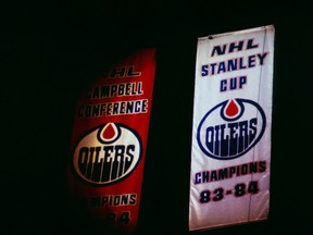 This Stanley Cup championship banner was raised to the rafters on Oct. 12, 1984 (Edmonton Sun).