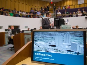 London city planner Sean Galloway talks about a potential development at 50 King St. during a planning committee meeting at city hall Tuesday. (MIKE HENSEN, The London Free Press)