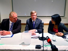 Doug Ford, John Tory and Olivia Chow during the Leaside Property Owners' Association mayoral candidate debate on Tuesdayn Oct. 7, 2014. (DAVE ABEL/Toronto Sun)