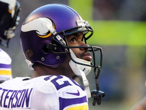 Running back Adrian Peterson #28 of the Minnesota Vikings watches as time winds down during the fourth quarter of the game against the Seattle Seahawks. (Steve Dykes/Getty Images/AFP)