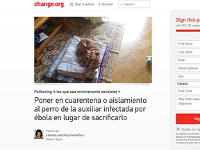 A Change.org petition wants the dog of an Ebola-stricken nurse to be quarantined like the nurse's husband because it's "one of the family." (Screengrab from the Change.org petition)