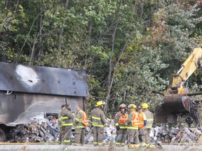 Warwick and Watford firefighters spent several hours dousing charred materials and cleaning up the scene of a transport truck fire Wednesday morning. The westbound lanes of Highway 402 were closed off from traffic to allow for the cleanup between Kerwood and Nauvoo roads. No injuries were reported as a result of the fire, police say. BARBARA SIMPSON/THE OBSERVER/QMI AGENCY