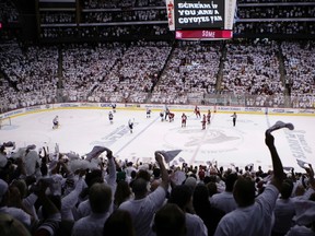 Phoenix Coyotes fans cheer on their team in the final seconds against the Nashville Predators during Game 5 of the NHL Western Conference semi-final hockey playoffs in Glendale, Arizona, in this May 7, 2012 file photo. (REUTERS)