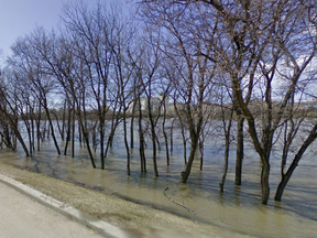 Google Maps shows the riverbank area behind the hospital during spring flooding.