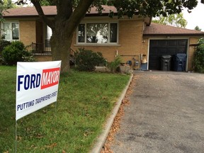 A Ford for Mayor sign on the lawn outside 15 Windsor Rd. on Wednesday, Oct.. 8, 2014. (Craig Robertson/Toronto Sun)