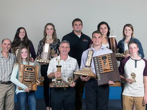 The St. Thomas Legion Track and Field Club has recognized its top athletes of 2014. Back row, from left: Julia Vanhoucke (Best Midget award), Brittney Wouters (Best Rookie award), Josh Archer (throws coach), Rebecca Chouinard (Most Improved), Allie Kennedy (Most Improved). Front row:  Harry Stantsos (head coach), Kenzie Smyth (Best Bantam award), Brian Hayman (Jim Young Award), Noah Rolph (Best Youth award and Male Athlete of the Year), Tanner Smyth (Best Midget award). Absent from photo: Matt Brisson (Best Senior), Rachael Wolfs (Best Junior and Female Athlete of the Year), Karli Milmine (Sportsmanship Award). (Contributed photo)