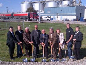 From left: Councillor Derek Robertson; councillor Joe Faas; councillor Art Stirling; Mayor Randy Hope; Angelo Ligori, GreenField plant manager; Barry Wortzman, Greenfield VP Business Development; Jackie Caille, Union Gas director of residential & commercial sales; Greg Devries, Truly Green; Dan Charron, Entegrus president – sod-turning at the GreenField Specialty Alcohols plant in Chatham.