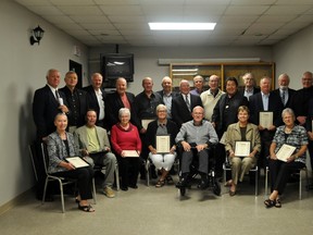Members of the 1962 Jr. Knights football squad were inducted into the Sarnia Lambton Sports Hall of Fame recently. Also in attendance were family members of those who couldn't be there. (Submitted photo)