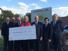 From left: Ron Peseski (Hinnegan-Peseski Funeral Home, Chatham), Dan Houle (Alexander & Houle Funeral Home, Chatham), Kevin Cavanagh (Haycock-Cavanagh Funeral Home, Wallaceburg), Jennifer Wilson – Chair, Chatham-Kent Hospice, Tom De Burger (Thomas L De Burger Funeral Home, Dresden), Nathan McKinlay (McKinlay Funeral Home – Blenheim, Chatham, Ridgetown), Marc Eskritt (Blenheim Community Funeral Home). Absent from the photo was Bowman Funeral Home, Chatham and John C. Badder Funeral Home – Bothwell, Dresden, Thamesville