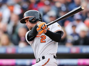 J.J. Hardy of the Baltimore Orioles hits a single in the second inning against the Detroit Tigers during Game 3 of the American League Division Series at Comerica Park on October 5, 2014. (Leon Halip/Getty Images/AFP)