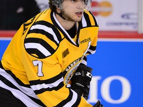 Sarnia Sting defenceman Anthony DeAngelo of Team Cherry during the CHL/NHL Top Prospects Game in Calgary on January 15, 2014. (Al Charest/Calgary Sun/QMI Agency)