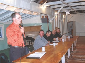 Dug Aldred, one of two canidates for mayor in West Elgin, makes a point during the first all candidates meeting in the municipality for the Oct. 27 election, The meeting was held Saturday at the Port Glasgow Trailer Park.
