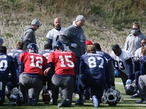 Argos coach Scott Milanovich addresses the team this week at practice. (Stan Behal, Toronto Sun)