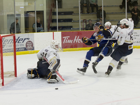 Goaltender Matthew Murray kicks aside one of the 24 shots he faced on Friday night versus Fort McMurray. The Saints have been defending their title admirably despite some key losses in the off-season. - Kyle Muzyka, Freelance Contributor