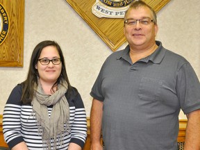 Steve Walkom (right), Mitchell BIA chair, officially welcomed new part-time employee Mary-Katherine Whelan at their monthly meeting last Wednesday, Oct. 8. Whelan will share her time between the Mitchell BIA, the Perth County Visitors Association and the North Perth BIA. She will spend one day a week in Mitchell, on Wednesdays, assisting with administrative work and will be the go-to person for BIA members.  ANDY BADER/MITCHELL ADVOCATE