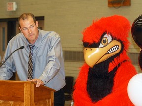 Lambton-Kent Composite School teacher Ian Avery makes a presentation during an assembly at the school on Friday. The assembly was to thank community partners for their contributions to the Lambton-Kent Community Sports Field Improvement Project. Avery said they’ve raised approximately $400,000 of their $540,000 goal, which is ahead of where the group thought they would be at this time. (DAVID GOUGH, QMI Agency)