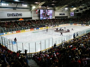 Ottawa 67's and Niagara IceDogs opening face-off during OHL hockey action at TD Place on Friday October 10, 2014. Errol McGihon/Ottawa Sun/QMI Agency