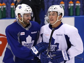 Maple Leafs Nazem Kadri and Tyler Bozak at practice on Friday. The Leafs play Pittsburgh on Saturday. (Craig Robertson/Toronto Sun)