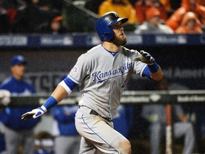 Kansas City Royals left fielder Alex Gordon hits a home run against the Baltimore Orioles in Game 1 of the American League Championship Series playoff at Camden Yards in Baltimore, Oct. 10, 2014. (H. DARR BEISER/USA Today)