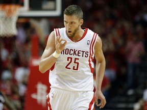 Houston Rockets forward Chandler Parsons (25) reacts to making a three-pointer during the third quarter against the Portland Trail Blazers in game five of the first round of the 2014 NBA Playoffs at Toyota Center on Apr 30, 2014 in Houston, TX, USA. (Andrew Richardson/USA TODAY Sports)