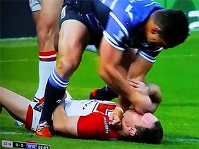 Wigan's prop forward Ben Flower with a horrendous sucker punch on St. Helens stand off Lance Hohaia. (Screen grab)