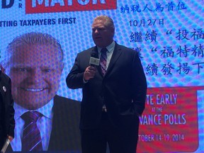 Doug Ford makes a campaign stop at the Splendid China Tower Mall on Saturday, October 11, 2014. (DON PEAT/Toronto Sun)