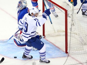 Leafs winger Joffrey Lupul celebrates the teams sixth goal against the New York Rangers scored during the second period at Madison Square Garden. (USA Today Sports)