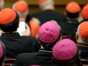 Bishops and cardinals attend a synod of bishops lead by Pope Francis in Paul VI's hall at the Vatican October 6, 2014. Pope Francis on Monday opened the Roman Catholic assembly that will discuss marriage, gay couples, birth control and other moral issues, telling his bishops to speak frankly and not be afraid of upsetting him. (REUTERS/Max Rossi)