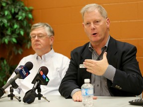 Hastings and Prince Edward counties medical officer of health Dr. Richard Schabas and Quinte Healthcare chief of staff Dr. Dick Zoutman address media at Belleville General Hospital Monday afternoon, regarding a patient displaying Ebola-like symptoms. 
Emily Mountney-Lessard/The Intelligencer/QMI Agency