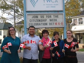 Organizers are gearing up for a Citizenship Week celebration Thursday at the YWCA in St. Thomas. Pictured outside the YWCA are Fabiana Estrela, project coordinator for the local immigration partnership; Selvin Mejia, settlement services coordinator; Shelley Harris, manager of education and employment for the YWCA; Petrusia Hontar, immigration partnership project facilitator and researcher; and Juliane Hundt, settlement worker. (Ben Forrest, Times-Journal)
