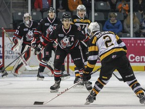 Kingston Frontenacs' Evan McEneny takes a shot on Niagara IceDogs goaltender Brent Moran during the first period of Ontario Hockey League action at the Rogers K-Rock Centre on Sunday.  (Julia McKay/The Whig-Standard)