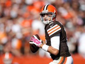 Brian Hoyer of the Cleveland Browns looks to pass during the third quarter against the Pittsburgh Steelers at FirstEnergy Stadium on October 12, 2014. (Gregory Shamus/Getty Images/AFP)