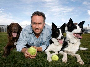 Entrepreneur W. Brett Wilson has some fun with his dog, Maja, left, Kazzam and Sweep, right, at the grand opening of the W. Brett Wilson Family Dog Park in Calgary, Alta., on September 29, 2010. (DARREN MAKOWICHUK/QMI Agency Files)