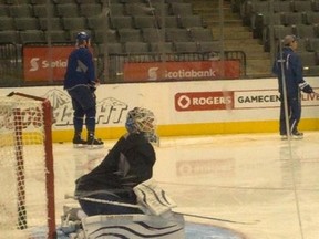 James Reimer in net at Tuesday's game day skate. (DAVE HILSON/Toronto Sun)