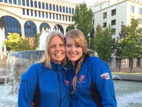 Swim sisters Miranda Berry (left) and Lindsey Berry (right) travelled to France last month along with fellow swimmer Mason Kuhn and coach Desiree Janzen for Lifesaving World Championships.