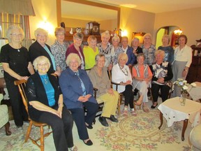 Several members of the 1954 commercial graduates of Sarnia Collegiate Institute and Technical School gathered in Sarnia Tuesday for a reunion. Front from left, Anne Dixon (Gustin), Ella Marie Dauphney (Lumley), Barbara Smith (Schmid), Dorothy Hyde (Matthews), Joyce Dayman (Hall), and Helen Wilkinson (Guzi). Back from left, Jane Rummerfield (Smith), June McGregor (Oakes), Gayle Dunlop (Howson),  Gloria McLaughlin (Miller), Anne Magee (Kuzmanovich), Myrna Bennett (Weaver), Dorothy Flory (Johnson), Norine Loxton (Hales), Fern Tice (Telfer), Mary Ann Adam (Fralick), Marian McLean (Pascoe), Anita Dowswell (Weaver). (PAUL MORDEN, The Observer)