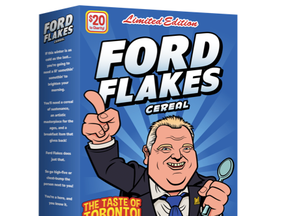 'Ford Flakes' cereal box shows a jovial caricature of the Toronto mayor pointing in the air with his right hand and holding a spoon with his left. (Twitter photo)