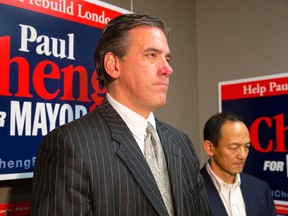 Roger Caranci announces he is stepping down from his mayoral campaign and putting his support behind candidate Paul Cheng at a press conference at Cheng's Wellington Road campaign headquarters in London on Tuesday October 14, 2014. (CRAIG GLOVER, The London Free Press)