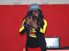 Motivational speaker, singer, songwriter and author Saidat stopped at Arthur Voaden Secondary School in St. Thomas Tuesday as part of her cross-Canada "Get Up Stand Up to Bullying Tour." Saidat, who is originally from Minneapolis but lives in London, was scheduled to speak at two assemblies at Voaden and held hip hop dance classes in the afternoon to help get students out of their comfort zones. (Ben Forrest, Times-Journal)