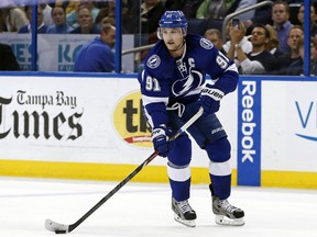 The Lightning's Steven Stamkos broke his tibia last year, but is tearing it up this season. (Getty Images)