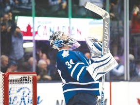 Maple Leafs goalie James Reimer earned the win as the Leafs beat Colorado 3-2 in OT on Tuesday night. (USA TODAY SPORTS)