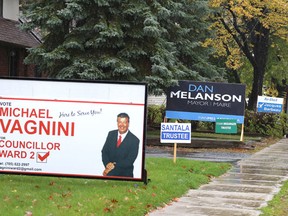 In this file photo from 2014, election signs line the main street in Lively. Five candidates were running for councillor in Ward 2. Michael Vagnini won the race. (Gino Donato/The Sudbury Star)