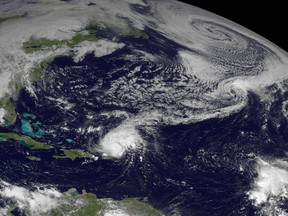 This October 14, 2014 NOAA satellite photo shows Hurricane Gonzalo in the western Atlantic Ocean. Gonzalo strengthened to a "major hurricane" over the open Atlantic late October 14 and was expected to continue gaining force, forecasters said.  (NASA GOES PROJECT/HANDOUT)