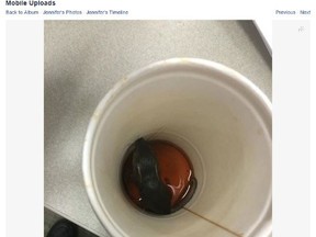 This photo posted to the Fredericton BBS Facebook page appears to show a mouse at the bottom of a used coffee cup. The person who posted the image claimed a man found the mouse in his McDonald's coffee after drinking the beverage. McDonald's Canada has said it is investigating. (Photo: Facebook/QMI Agency)