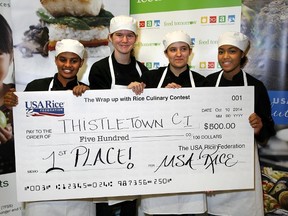 Etobicoke's Thistletown CI -- featuring, from left to right, Yohannes, Amanda, Danielle and Neosha -- took first place in the Wrap Up with Rice Contest, winning $500 for their school's nutrition program.