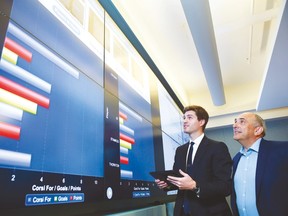 Maple Leafs assistant GM and analytics guru Kyle Dubas and SAS executive vice-president Carl Farrell crunch some numbers on a giant monitor at SAS headquarters in Toronto on Wednesday. (SAS photo)