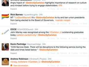 A screenshot showing some of the tweets, pro and con, being sent with the Carleton University #DistinctlyCarleton hashtag on Twitter.