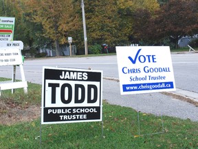 Election signs for candidates in thes Oct. 27 vote are reportedly being stolen or damaged regularly. The OPP reminds anyone it is a criminal offence to steal or damage a sign.