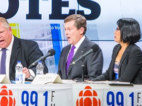 Doug Ford John Tory and Olivia Chow during the Toronto mayoral candidates debate at CBC Toronto on Oct. 16, 2014. (Ernest Doroszuk/Toronto Sun)