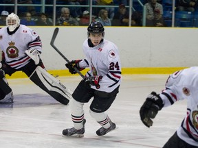 Cameron Clarke, No. 24, scored a goal and two assists Thursday as the Sarnia Legionnaires defeated the St. Marys Lincolns 12-4. (Submitted photo by Anne Tigwell)